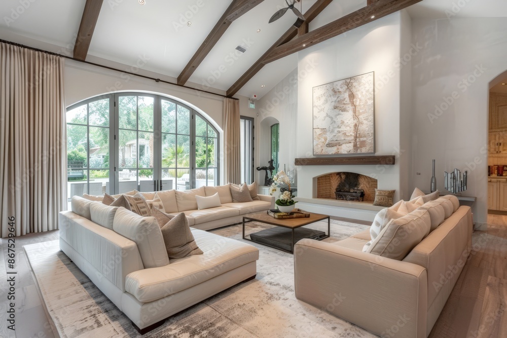 Fototapeta premium Modern Living Room with Large Windows, White Sofa, and Fireplace