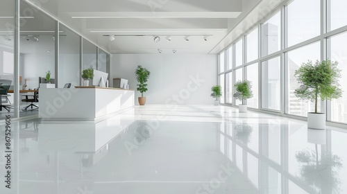 Modern Office Space with Large Windows and Potted Plants