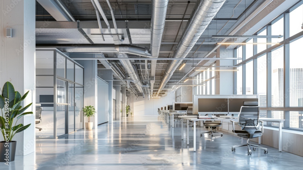 Modern Office Space with Large Windows and Sleek Furniture Modern Office Space with Large Windows and Sleek Furniture