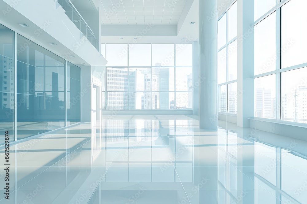 Modern Office Space with Large Windows and Reflective Floors Modern Office Space with Large Windows and Reflective Floors