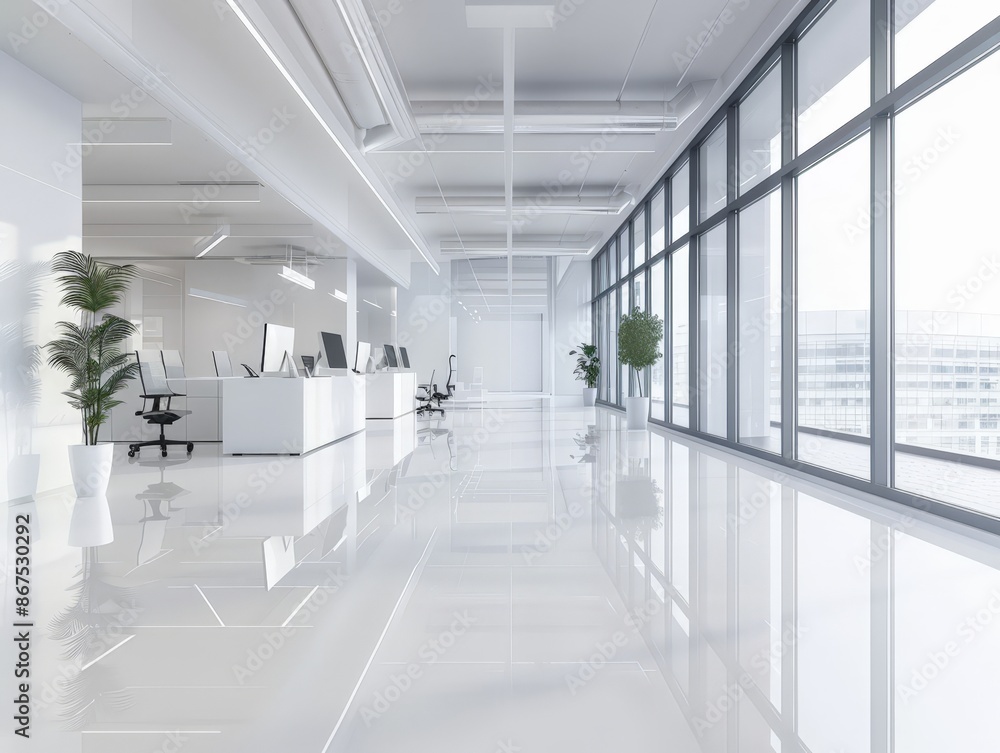 Modern Office Space with Large Windows and Sleek Furniture Modern Office Space with Large Windows and Sleek Furniture