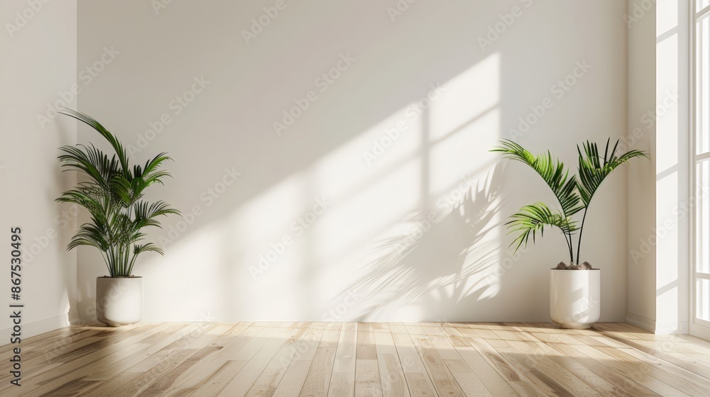 Modern Indoor Plant Decor: Two Tall Green Potted Plants on Wood Floor by Sunlit Window Modern Indoor Plant Decor: Two Tall Green Potted Plants on Wood Floor by Sunlit Window