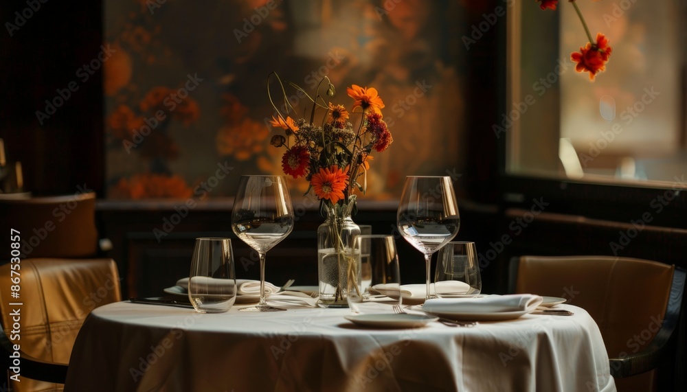 Elegant Table Setting with Orange Flowers and Wine Glasses Elegant Table Setting with Orange Flowers and Wine Glasses