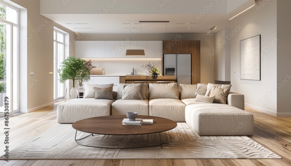 Fototapeta premium Modern Living Room with White Sofa, Wooden Accents, and Large Rug