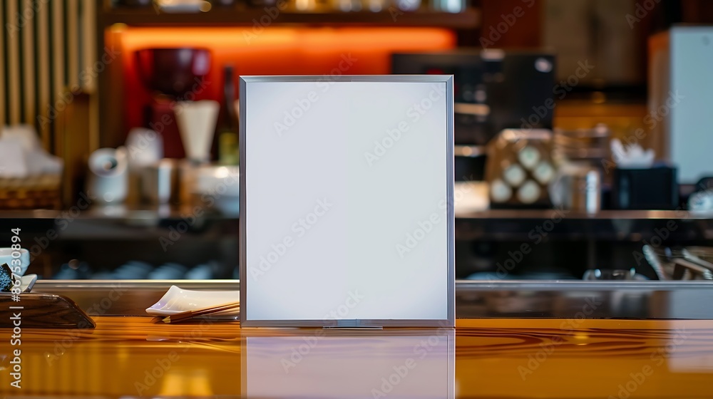 Rotating blank menu frame presented on a lacquered wood table in a contemporary sushi bar. Rotating blank menu frame presented on a lacquered wood table in a contemporary sushi bar.