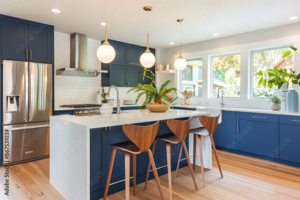 Modern Kitchen with Blue Cabinets, White Countertops, and Wooden Bar Stools Modern Kitchen with Blue Cabinets, White Countertops, and Wooden Bar Stools
