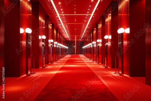 Red Hallway with Recessed Lighting and Reflective Flooring