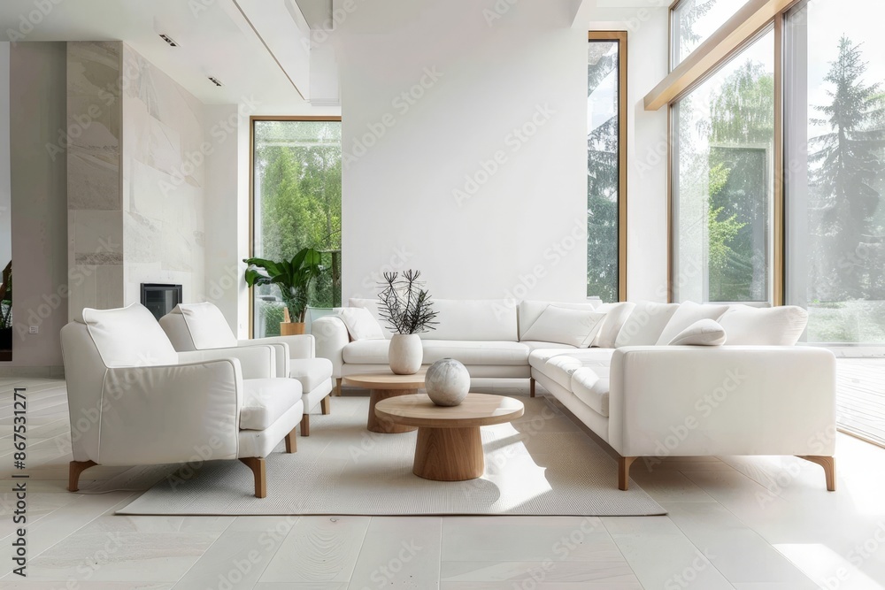 Modern Living Room with White Sofa, Wooden Coffee Table, and Large Windows