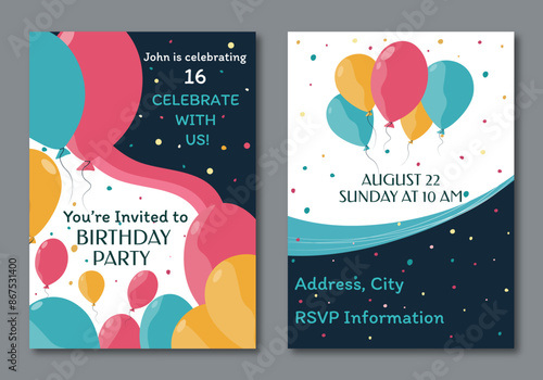 Birthday invitation. Double sided invitation with balloons. Invitation text on colorful birthday invitation card