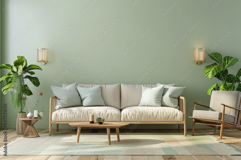 Fototapeta premium Modern Living Room Scene with Cream Sofa, Wooden Coffee Table, and Green Plants
