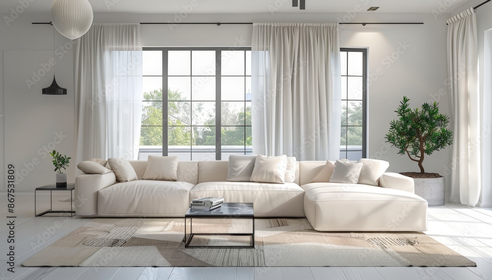 Fototapeta premium Modern Living Room with Large Windows and White Furniture