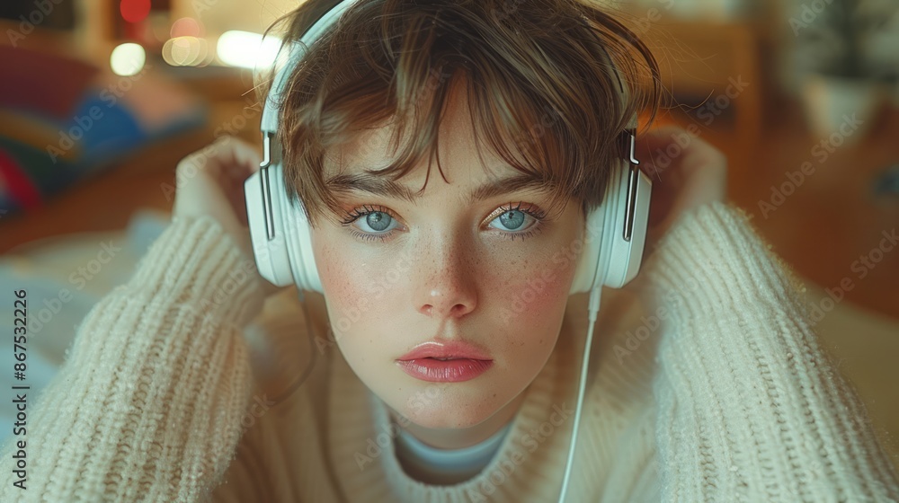photograph of A girl with short hair and headphones is studying in her room.