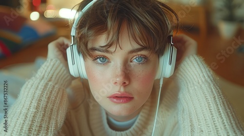 Obraz na płótnie photograph of A girl with short hair and headphones is studying in her room. w salonie