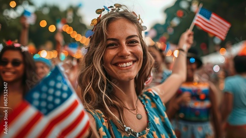 Close-up of a family joyfully waving American flags, enjoying a parade, patriotic celebration, and community engagement.