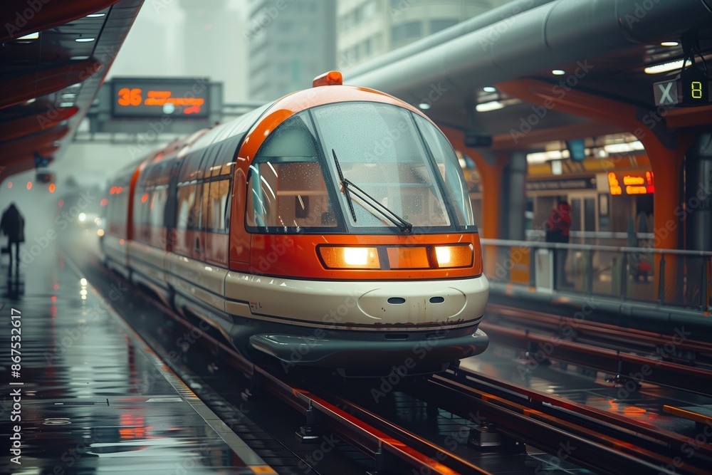 Modern Train Arriving At City Station On A Rainy Day Modern Train Arriving At City Station On A Rainy Day
