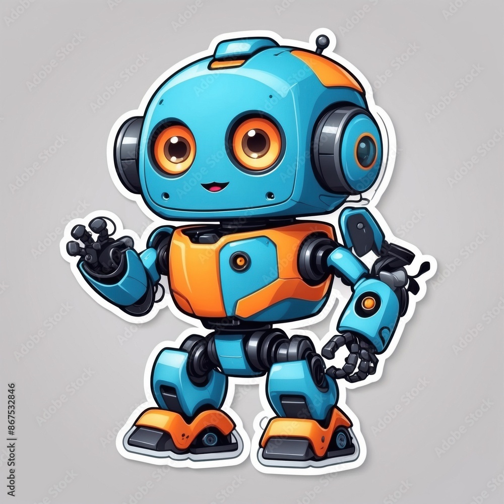 Sticker of a futuristic baby robot in 3D cartoon style with dynamic colors, isolated on a simple background. Sticker of a futuristic baby robot in 3D cartoon style with dynamic colors, isolated on a simple background.