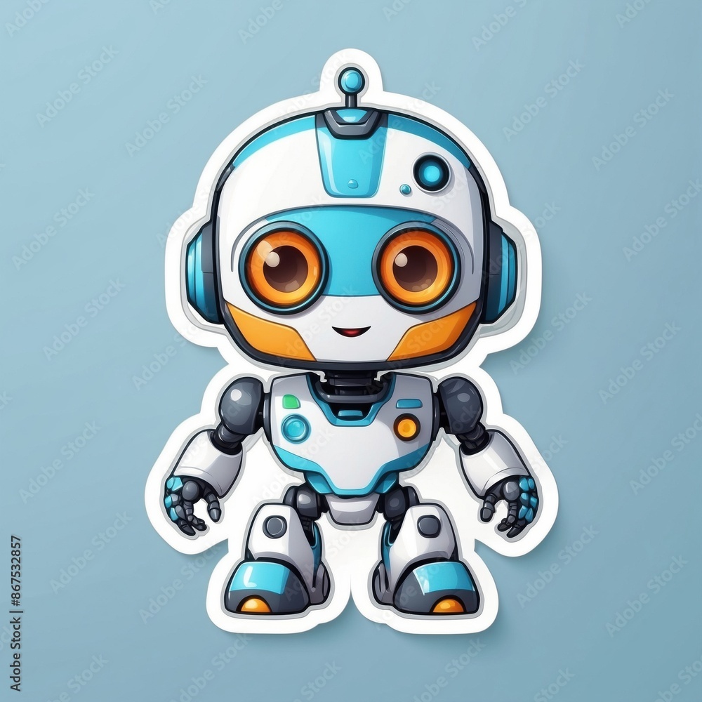 Sticker of an adorable baby robot in 3D cartoon style with dynamic colors, isolated on a simple background. Sticker of an adorable baby robot in 3D cartoon style with dynamic colors, isolated on a simple background.