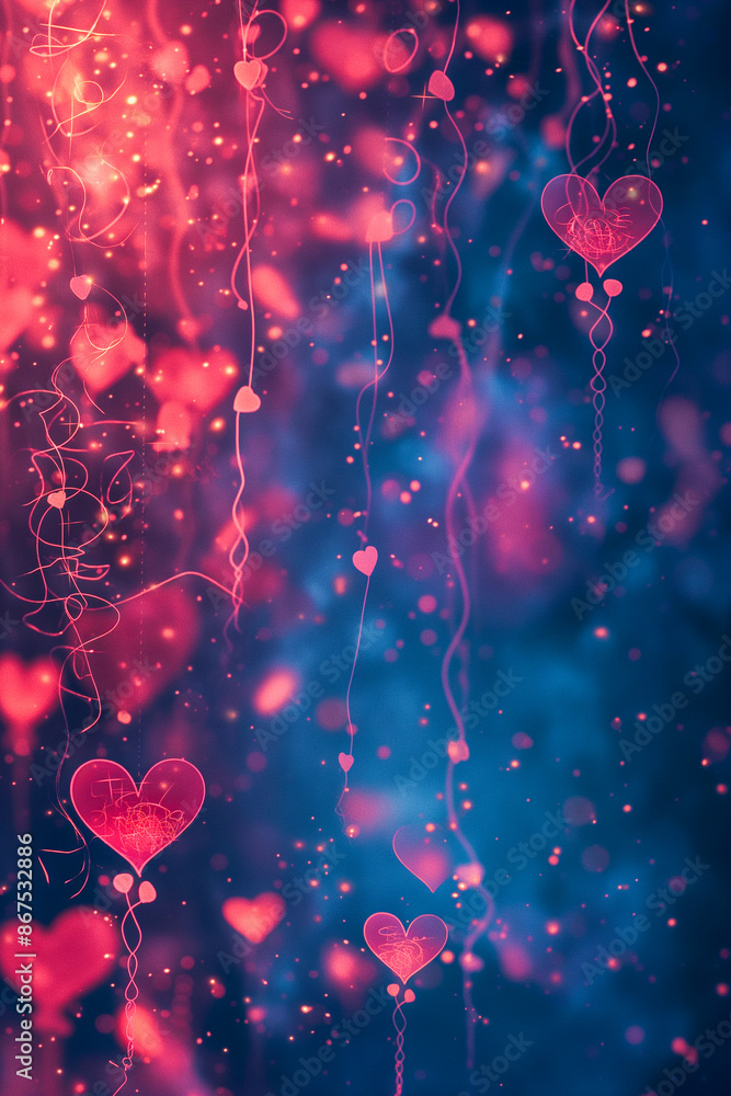 A colorful background with a bunch of red hearts hanging from the ceiling A colorful background with a bunch of red hearts hanging from the ceiling