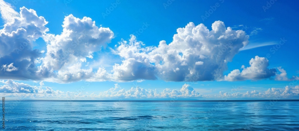 Obraz premium Serene Ocean Horizon with Fluffy White Clouds