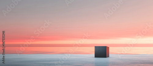 A pastel orange and pink sky blends into the horizon, depicting a breathtaking summer sunset with natural light casting long shadows across the calm ocean with subtle waves. A minimalist black podium