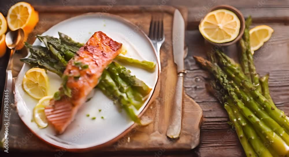 Grilled salmon with orange glaze and asparagus in a rustic composition. Grilled salmon with orange glaze and asparagus in a rustic composition.