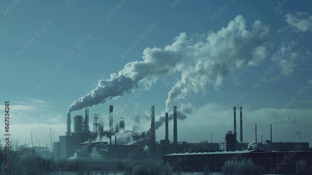 Industrial Smoke Stacks Against Clear Sky Industrial Smoke Stacks Against Clear Sky