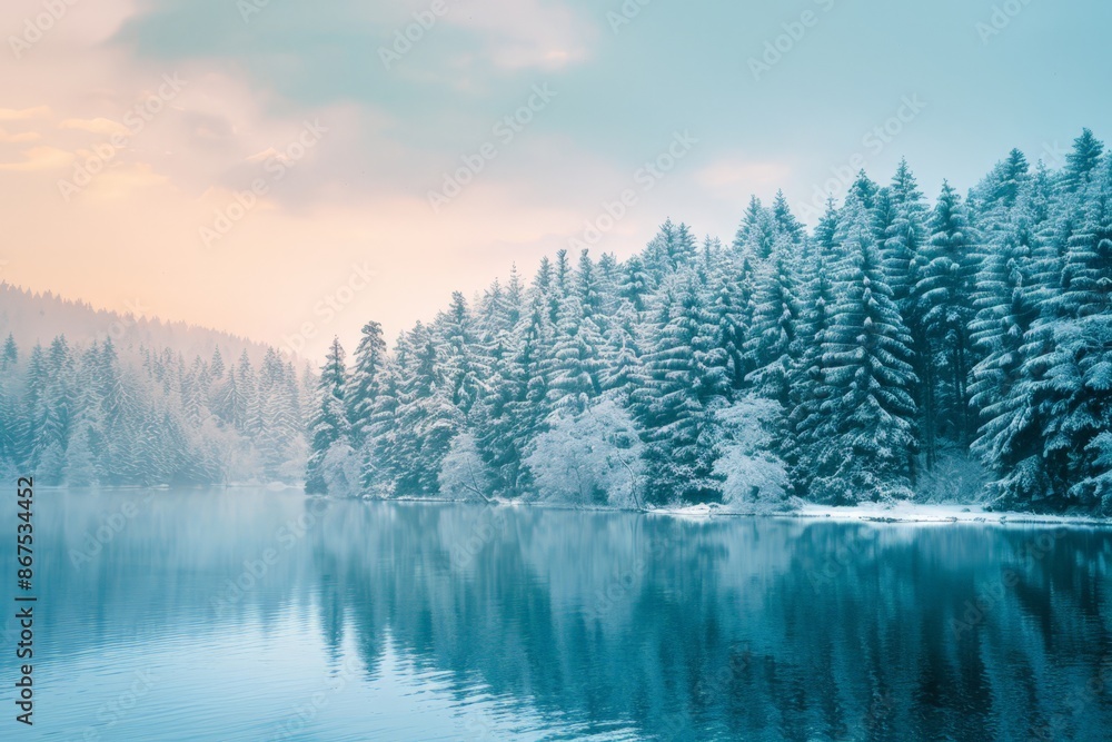Fototapeta premium Serene Winter Lake with Snow-Capped Trees and Reflections
