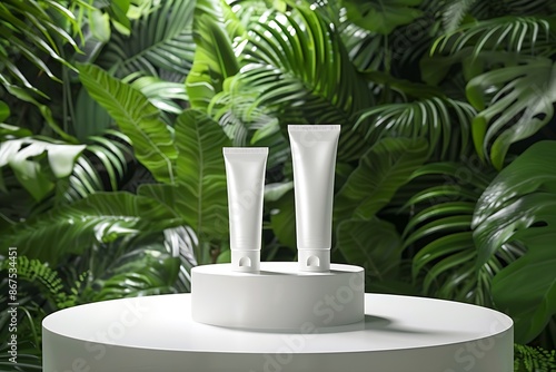 Foliage-rich background enhances the display of stout skincare tubes on a white podium.