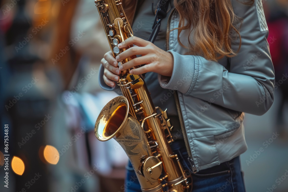 Obraz premium Girl playing the saxophone, close-up of the saxophone itself, showing fingers pressing the keys.