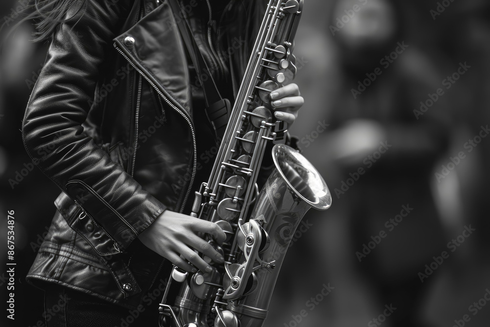 Obraz premium Girl playing the saxophone, close-up of the saxophone itself, showing fingers pressing the keys.