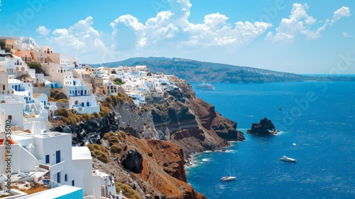 White-Washed Greek Village with Blue Sea and Cloudy Sky