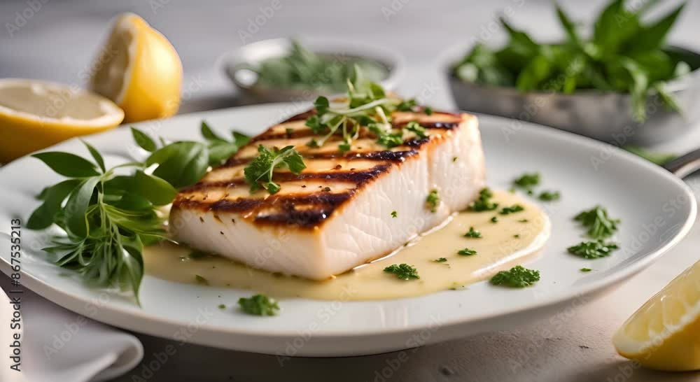 Grilled halibut with lemon butter and herbs. Grilled halibut with lemon butter and herbs.