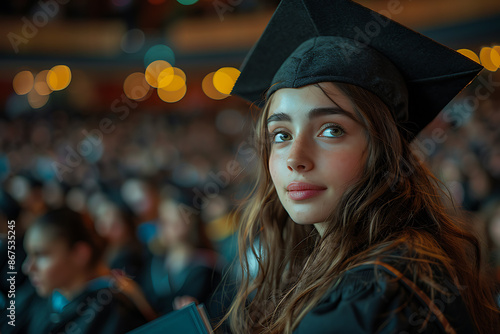 A girl in a graduation cap sits in the audience while others receive diplomas on stage to applause.