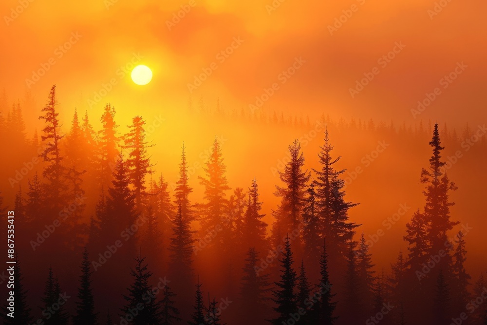 Sunset Silhouette: Golden Hour in a Forest of Tall Pine Trees Sunset Silhouette: Golden Hour in a Forest of Tall Pine Trees