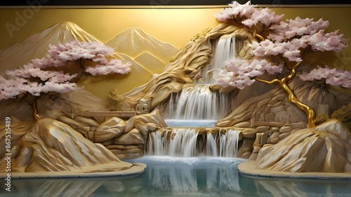 3D luxury wallpaper mural with a golden Japanese landscape and cherry blossoms, sakura , white waterfall, mountains and clouds in the background, Generated  AI