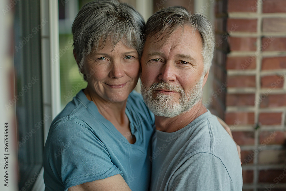 Mature couple hugging each other tenderly while standing on a porch, both wearing casual blue shirts, expressing love and warmth in a domestic setting. Mature couple hugging each other tenderly while standing on a porch, both wearing casual blue shirts, expressing love and warmth in a domestic setting.