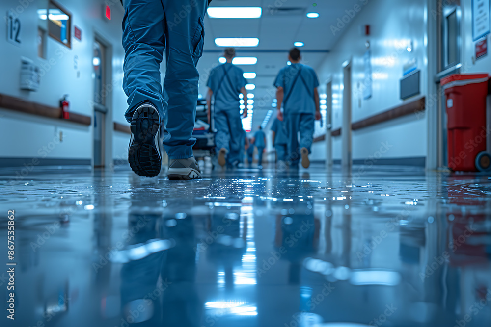 Obraz premium A view of doctors' legs in hospital corridors or on the way to the operating room