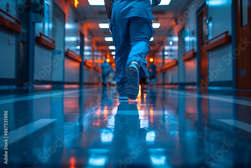 A view of doctors' legs in hospital corridors or on the way to the operating room