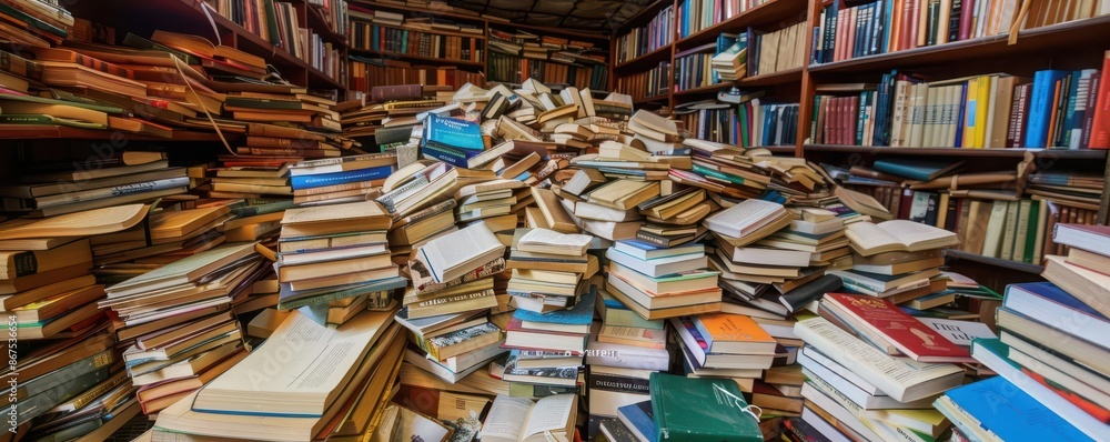 Obraz premium Heaps of unpurchased books in a bookstore, over supply, publishing industry surplus