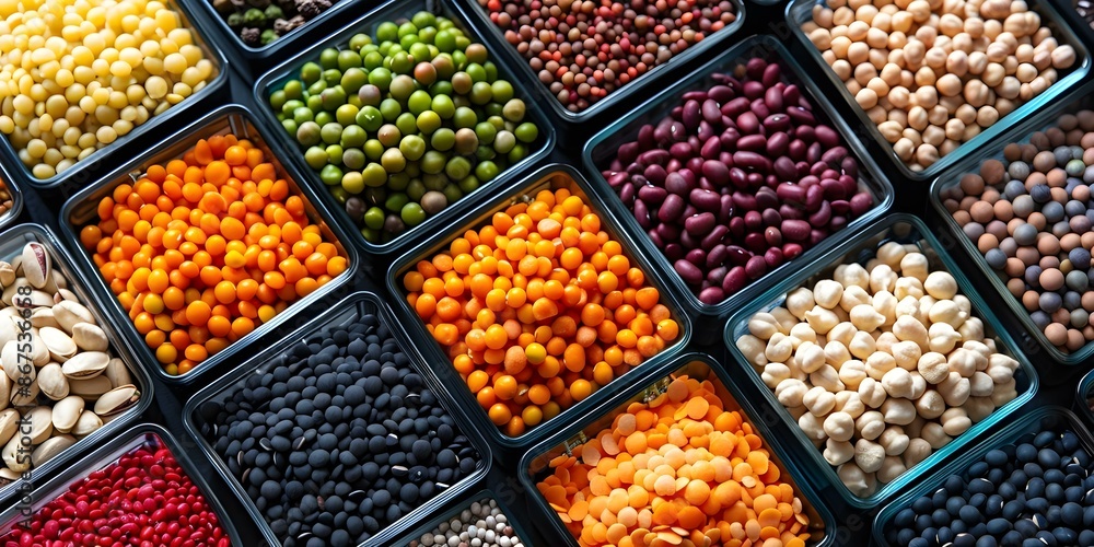 Colorful legumes and nuts neatly arranged in containers ideal for healthy eating. Concept Healthy Eating, Colorful Food, Nutritious Snacks, Legumes, Nuts Colorful legumes and nuts neatly arranged in containers ideal for healthy eating. Concept Healthy Eating, Colorful Food, Nutritious Snacks, Legumes, Nuts