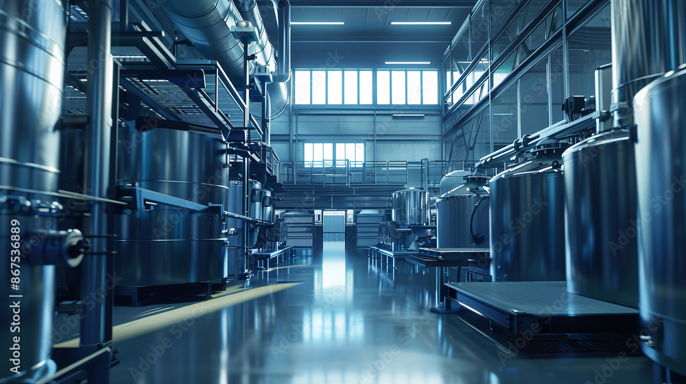 Modern Detergent Factory Interior with Automated Machinery Modern Detergent Factory Interior with Automated Machinery