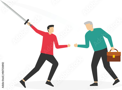 Staff reduction. Boss's big hand using scissors and cutting elderly worker man. Retirement, concept. Dismissal, unemployment during economic crisis. Dismissed grandmother. Flat vector illustration

