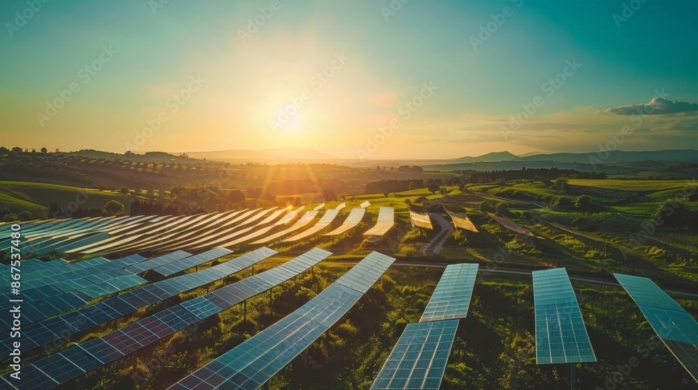 Sunset over Solar Farm with Mountains in the Background Sunset over Solar Farm with Mountains in the Background