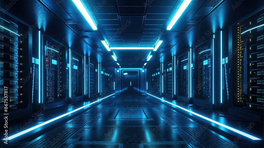 3d render of modern data center with blue server lights 3d render of modern data center with blue server lights