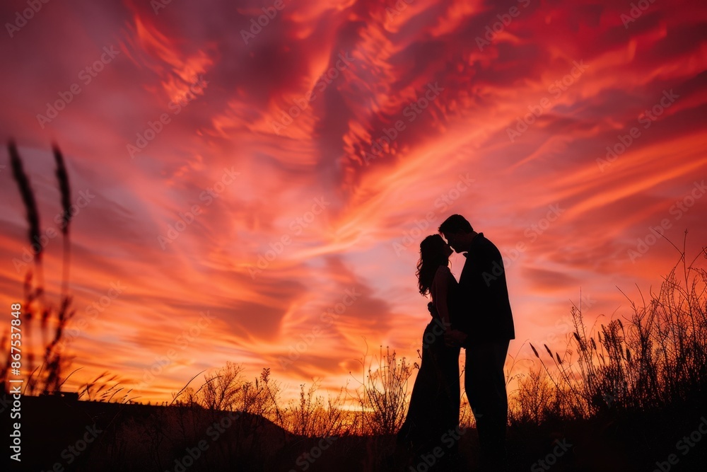 Romantic Sunset Silhouette: Couple Embracing in Field with Tall Grass Romantic Sunset Silhouette: Couple Embracing in Field with Tall Grass