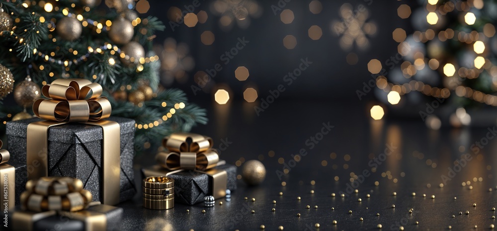 Elegant Christmas background with gold and black gift boxes Elegant Christmas background with gold and black gift boxes