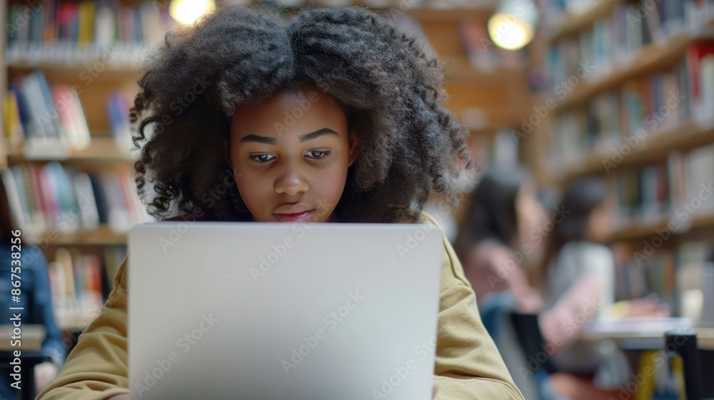 University Library: Gifted Black Girl uses Laptop, Writes Notes for the Paper, Essay, Study for Class Assignment. Diverse Multi-Ethnic Group of Students Learning, Studying for Exams, Talk in Colleg. University Library: Gifted Black Girl uses Laptop, Writes Notes for the Paper, Essay, Study for Class Assignment. Diverse Multi-Ethnic Group of Students Learning, Studying for Exams, Talk in Colleg.