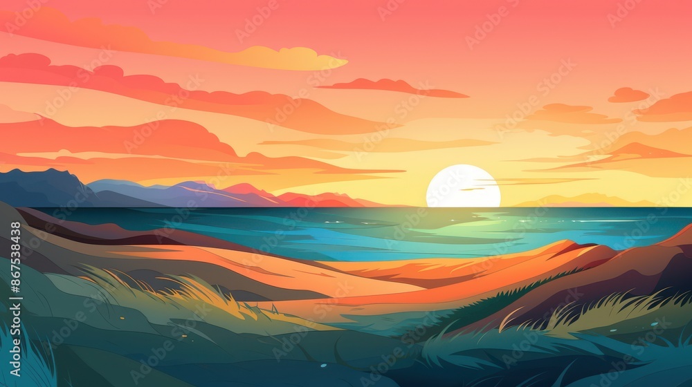 Vibrant Sunset over Tranquil Ocean. Serene Landscape Painting Vibrant Sunset over Tranquil Ocean. Serene Landscape Painting