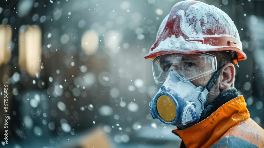 Professional construction worker wearing a high-grade dust mask, surrounded by lot of floating particles of glass wool dust in a construction site. Professional construction worker wearing a high-grade dust mask, surrounded by lot of floating particles of glass wool dust in a construction site.