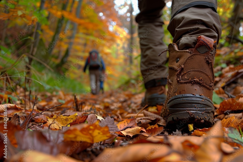 Autumn Hike: Person Walking Through Colorful Leaves on Dirt Path Autumn Hike: Person Walking Through Colorful Leaves on Dirt Path